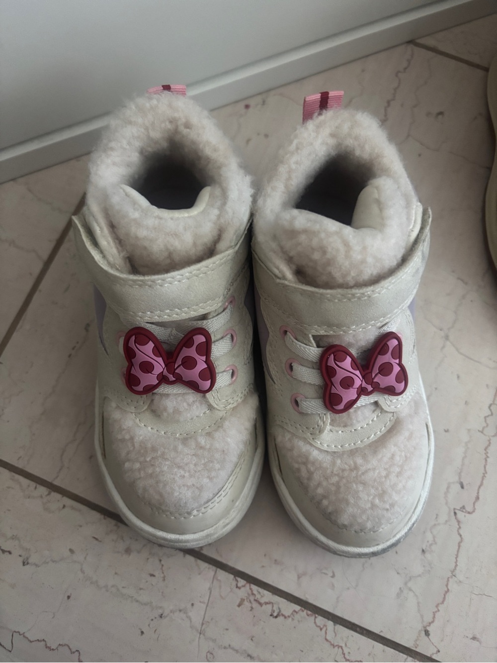 Disney Cream Fleece Kids High-Top Boots with Pink Bow Accents
